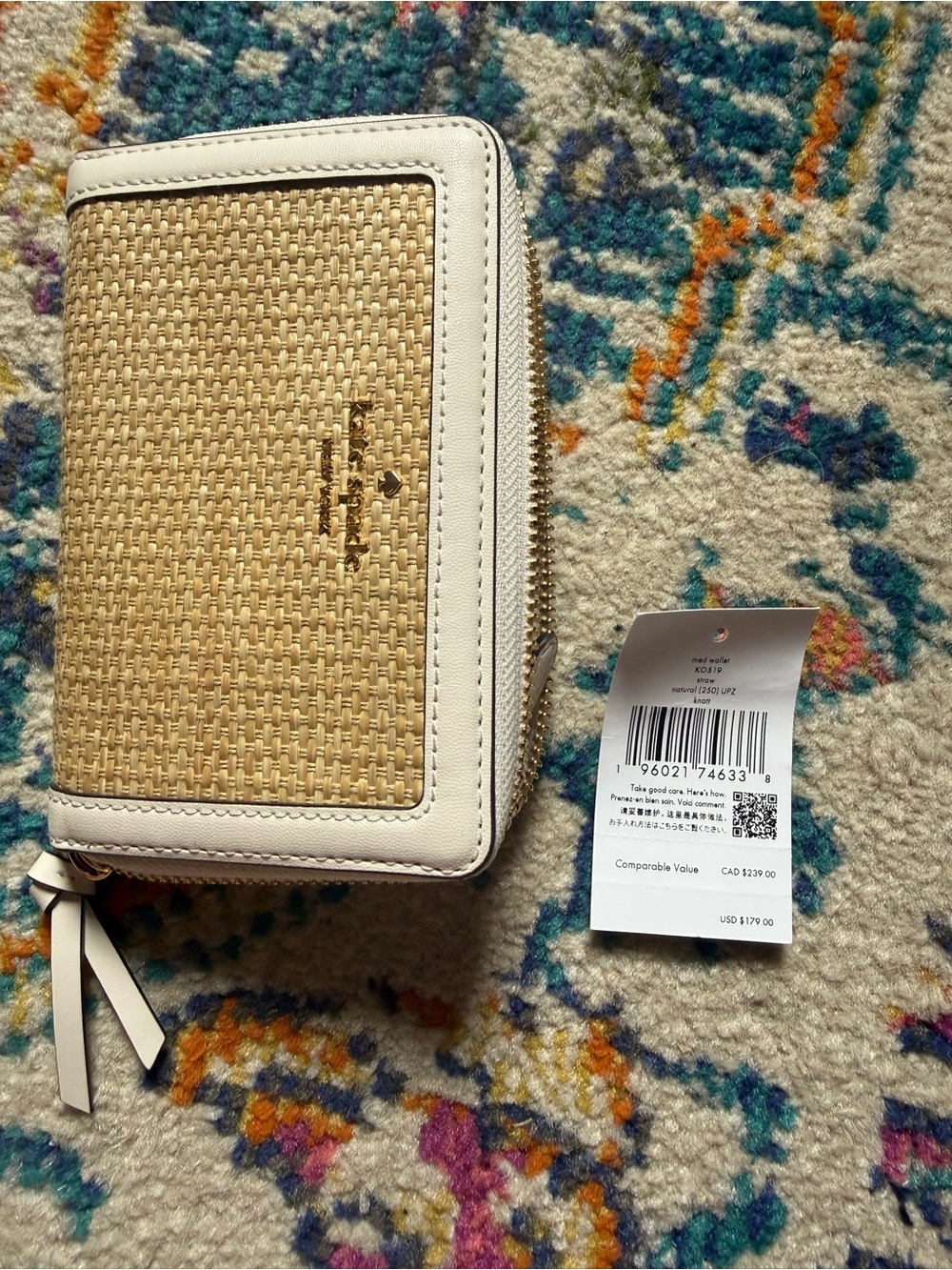 kate spade Natural Straw Zip Wallet with White Trim - Picture 5 of 5